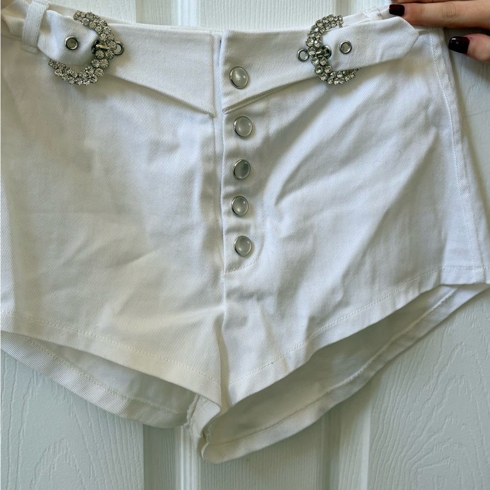 For Love And Lemons White High Waist Shorts with Rhinestone Buckles